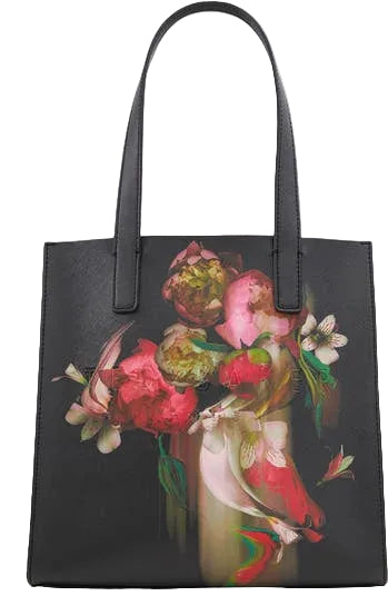 Black tote bag with floral design on a white background